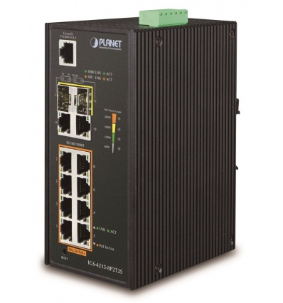 Planet IGS-4215-8P2T2S průmyslový L2 switch, 8x1Gb, 2x1Gb SFP, 8x PoE 802.3at 240W, 48~54VDC, -40~75°C, IP30