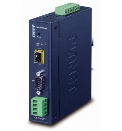 Planet průmyslový konvertor RS-232/422/485 na IP, 1x COM, 1x 100Base-FX/SFP, 9-48VDC, -40~+75°C, IP30, SNMP+Telnet