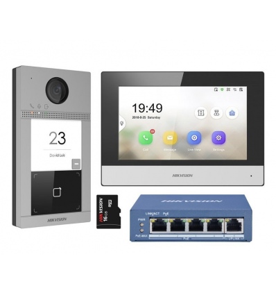 Hikvision DS-KIS604-S(C) - Kit IP videotelefonu, bytový monitor + dveřní stanice + switch + microSD