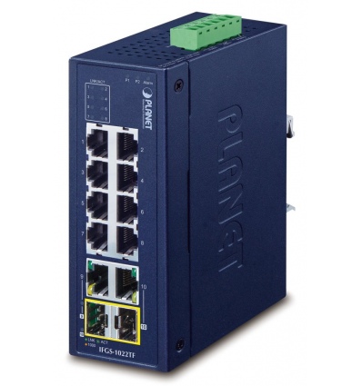 Planet IFGS-1022TF průmyslový switch, 8x100M + 2x1Gb/SFP, -40 až 75st.C, dual 9-48VDC, IP30, fanless