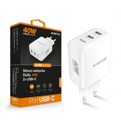 Chytrá síťová nabíječka ALIGATOR Power Delivery 40W, 2xUSB-C, bílá