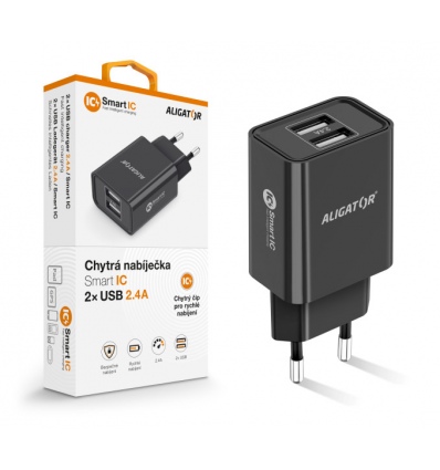 Chytrá síťová nabíječka ALIGATOR 2,4A, 2xUSB, smart IC, černá