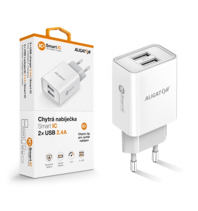 Chytrá síťová nabíječka ALIGATOR 2,4A, 2xUSB, smart IC, bílá