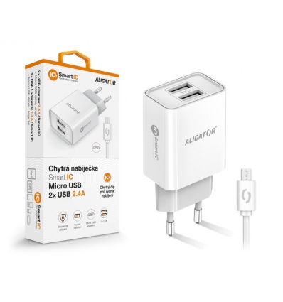 Chytrá síťová nabíječka ALIGATOR 2,4A, 2xUSB, smart IC, bílá, micro USB kabel