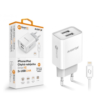 Chytrá síťová nabíječka ALIGATOR 2,4A, 2xUSB, smart IC, bílá, USB kabel pro iPhone/iPad