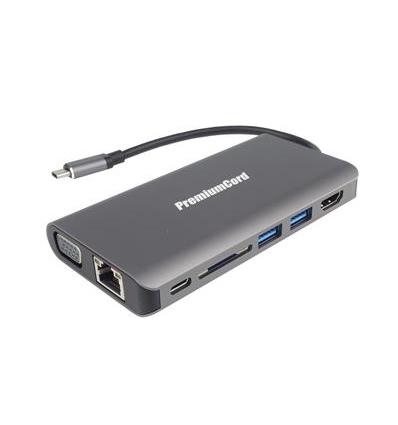 PremiumCord Převodník USB3.1 typ C na HDMI+VGA+RJ45+2xUSB3.0+SD card +3,5mm+PD charge