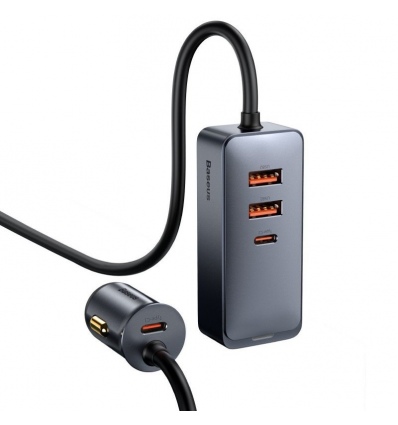 Baseus CCBT-A0G Rychlá Nabíječka do Auta s Prodlužovacím Kabelem 120W 3x USB +1xUSB-C Gray