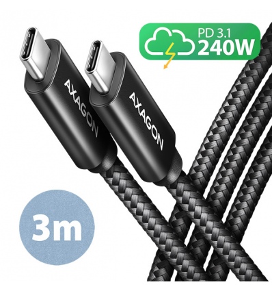 AXAGON BUCM2-CM30AB, CHARGE kabel USB-C - USB-C, 3m, Hi-Speed USB, PD 240W 5A, ALU, oplet, černý