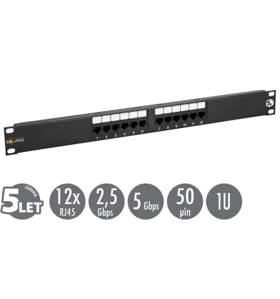 19" patch panel Solarix 12 x RJ45 CAT5E UTP 150 MHz černý 1U SX12-5E-UTP-BK