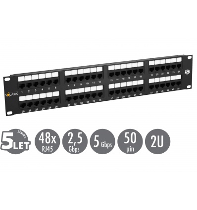 19" patch panel Solarix 48 x RJ45 CAT5E UTP 150 MHz černý 2U SX48-5E-UTP-BK