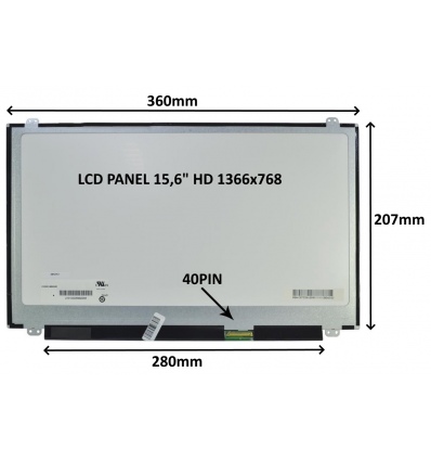 LCD PANEL 15,6" HD 1366x768 40PIN MATNÝ / ÚCHYTY NAHOŘE A DOLE