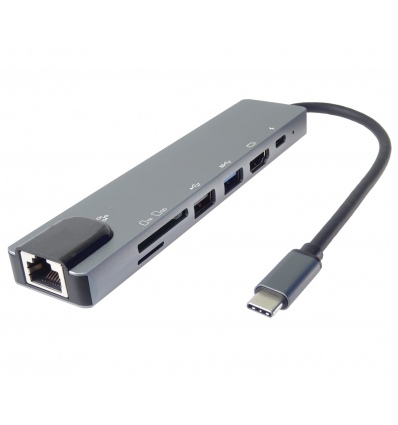 PremiumCord USB-C na HDMI + USB3.0 + USB2.0 + PD + SD/TF + RJ45 adaptér