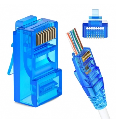 W-star Konektor UTP RJ45EZ Cat5e100ks pozlacený, modrá, pass through ethernet RJ45EZ5BS