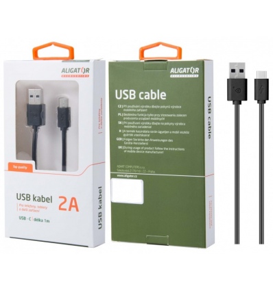 Datový kabel , USB-C, 2A, 1m, prodloužený konektor 9mm, černý