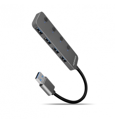 AXAGON HUE-MSA, 4x USB 3.2 Gen 1 SWITCH hub, kovový, micro USB nap. konektor, kabel USB-A 20cm