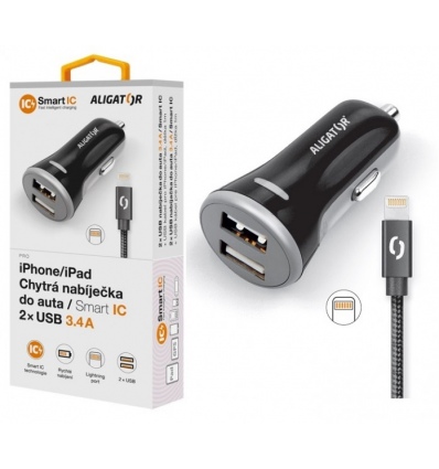 ALIGATOR 3.4A, 2xUSB, smart IC, černá, USB kabel pro iPhone/iPad