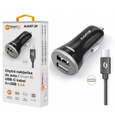 ALIGATOR Chytrá nabíječka do auta 3.4A, 2xUSB, smart IC, černá, USB-C kabel