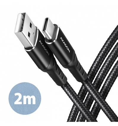 AXAGON BUCM-AM20AB, HQ kabel USB-C - USB-A, 2m, USB 2.0, 3A, ALU, oplet, černý