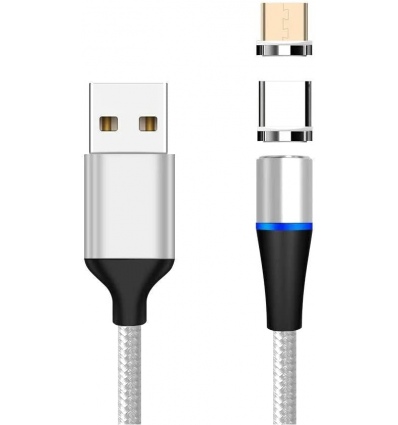 PremiumCord Magnetický micro USB a USB-C nabíjecí a datový kabel 1m, stříbrný