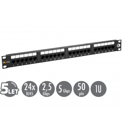 19" patch panel Solarix 24 x RJ45 CAT5E UTP 150 MHz černý 1U SX24-5E-UTP-BK