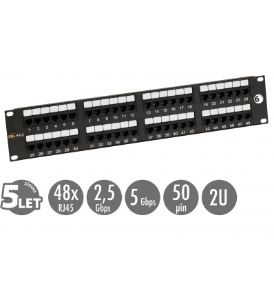 19" patch panel Solarix 48 x RJ45 CAT6 UTP 350 MHz černý 2U SX48-6-UTP-BK