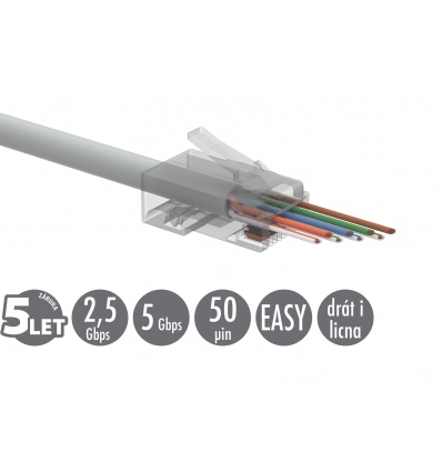 Univerzální EASY konektor RJ45 CAT6 UTP 8p8c na drát i licnu SXRJ45-6-UTP-EASY 100ks