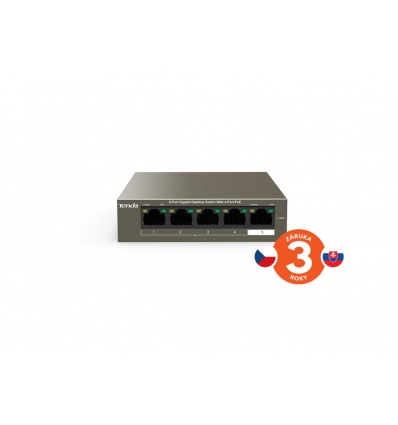 Tenda TEG1105P-4-63W PoE AT switch 4x PoE 802.3af/at, 5x 1 Gb/s, PoE celkem 63W, fanless, PoE+