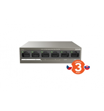 Tenda TEF1106P-4-63W PoE AT switch 4x PoE 802.3af/at, 6x 100Mb/s, PoE celkem 63W, fanless, PoE+