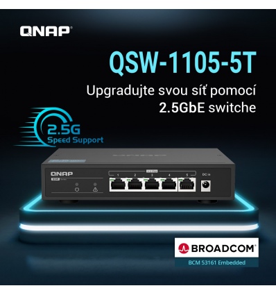 QNAP switch QSW-1105-5T (5x 2,5GbE port, pasiv. chlazení, 100M/ 1G/ 2,5G, Broadcom Chipset)