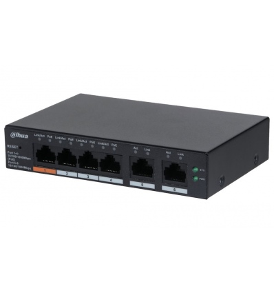 Dahua PoE switch 6x 1Gb, 4x PoE 802.3af/at/Hi-PoE, celkem PoE 60W, extend mód 10Mb/s do 250m, cloud správa