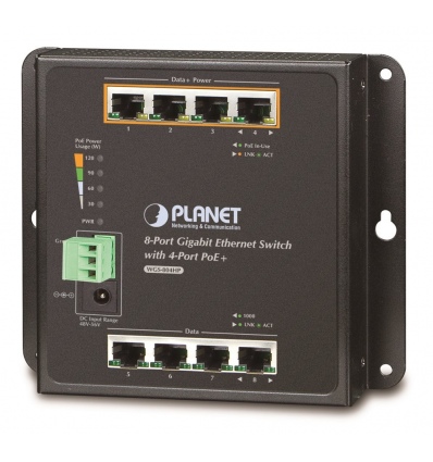 Planet průmyslový plochý switch 8x 1Gb, 4xPoE 30/120W, dual 48-56VDC, IP30, -40/75st, fanless