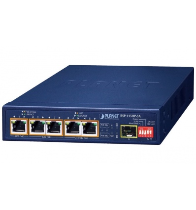 Planet BSP-115HP-5A Hybridní PoE solární switch, 5x 1Gb, 1x SFP, 1x PoE++ 802.3bt, 2x 802.3at, 2x at/pasivní, -20~65°C