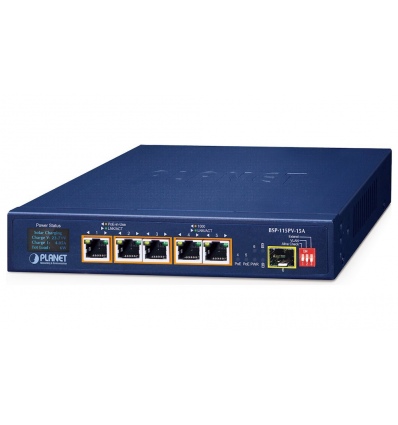 Planet BSP-115PV-15A solární PoE+ switch, 5x1Gb, 1x1Gb SFP, 5x PoE+ 802.3at, -20~65°C , IP30, LCD displej