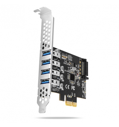 AXAGON PCEU-43RS, PCIe řadič, 4x USB 3.2 Gen 1 port, 5 Gbps, napájení z PCIe nebo SATA, SP & LP