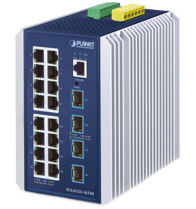 Planet IGS-6325-16T4X průmyslový L3 switch, 16x1Gb, 4x10Gb SFP+, -40~75°C, dual 9-48VDC, IP30, fanless