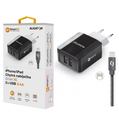 Chytrá síťová nabíječka ALIGATOR 3.4A, 2xUSB, smart IC, černá, kabel pro iPhone/iPad 2A