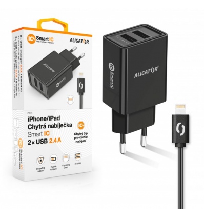 ALIGATOR Chytrá síťová nabíječka 2,4A, 2xUSB, smart IC, černá, USB kabel pro iPhone/iPad