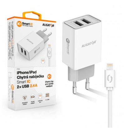 ALIGATOR Chytrá síťová nabíječka 2,4A, 2xUSB, smart IC, bílá, USB kabel pro iPhone/iPad