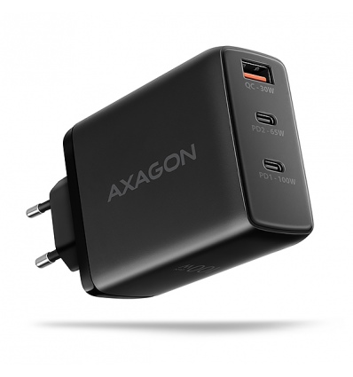 AXAGON ACU-DPQ100, GaN nabíječka do sítě 100W, 3x port (USB-A + dual USB-C), PD3.0/PPS/QC4+/Apple