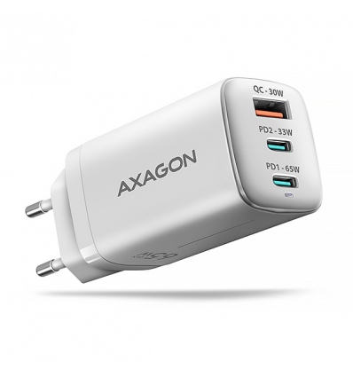 AXAGON ACU-DPQ65W, GaN nabíječka do sítě 65W, 3x port (USB-A + dual USB-C), PD3.0/QC4+/PPS/Apple