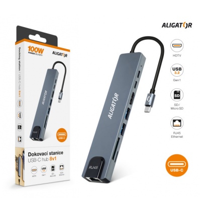 Aligator Dokovací stanice USB-C / Hub 8v1 (USB-C / 2xUSB / SD / MicroSD/ HDTV / RJ45)