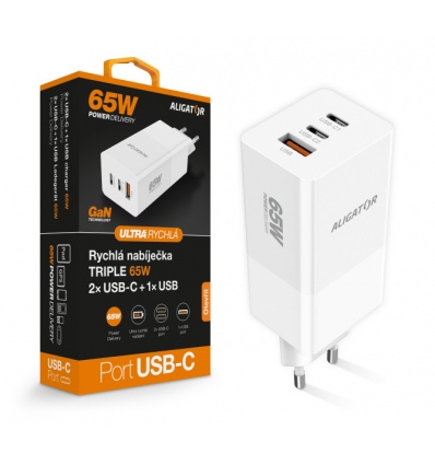 Aligator nabíječka PD65W, 2USB-C, 1xUSB-A, bílá