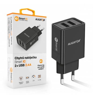 ALIGATOR Chytrá síťová nabíječka 2,4A, 2xUSB, smart IC, černá