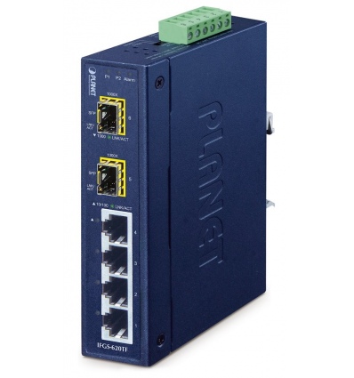 Planet IFGS-620TF průmyslový L2 switch, 4x10/100TX, 2x1Gb SFP, -40~75°C, 9-48VDC, IP30, fanless, ring data recovery