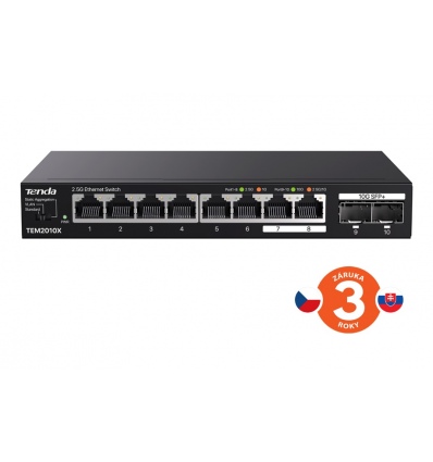 Tenda TEM2010X - Multi-gigabit switch, 8x 2.5G RJ45 + 2x 10G SFP+ port, MAC 16K, ochrana 6kV