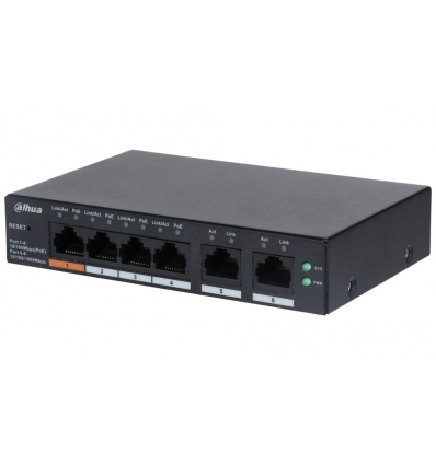 Dahua PoE switch 4x 100Mb + 2x GbE, 4x PoE 802.3af/at/Hi-PoE, celkem PoE 60W, extend mód 10Mb/s do 250m, cloud správa