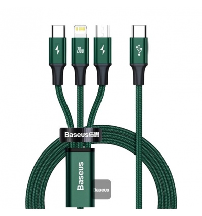 Baseus datový kabel Rapid 3v1 USB-C/microUSB, Lightning, USB-C 1,5m PD 20W zelený