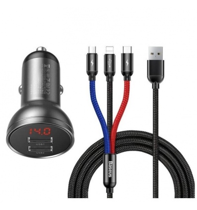 Baseus rychlonabíječka do auta 2xUSB 4,8A 24W s displejem + 3v1 kabel černá