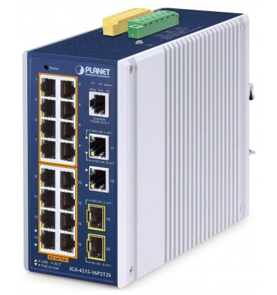 Planet IGS-4215-16P2T2S průmyslový L2 switch, 18x 1Gb, 2x1Gb SFP, 16x PoE 802.3at 320W, 48~54VDC, IP30