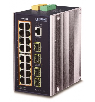 Planet IGS-6325-16P4S průmyslový L3 switch, 16x1Gb, 4x2.5G SFP, PoE 802.3at 320W, 48-56VDC, -40~75°C, IP30, fanless